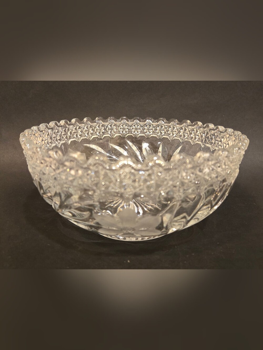 Vintage Cut Etched Crystal Floral Pattern Serving Bowl - Clear Glass